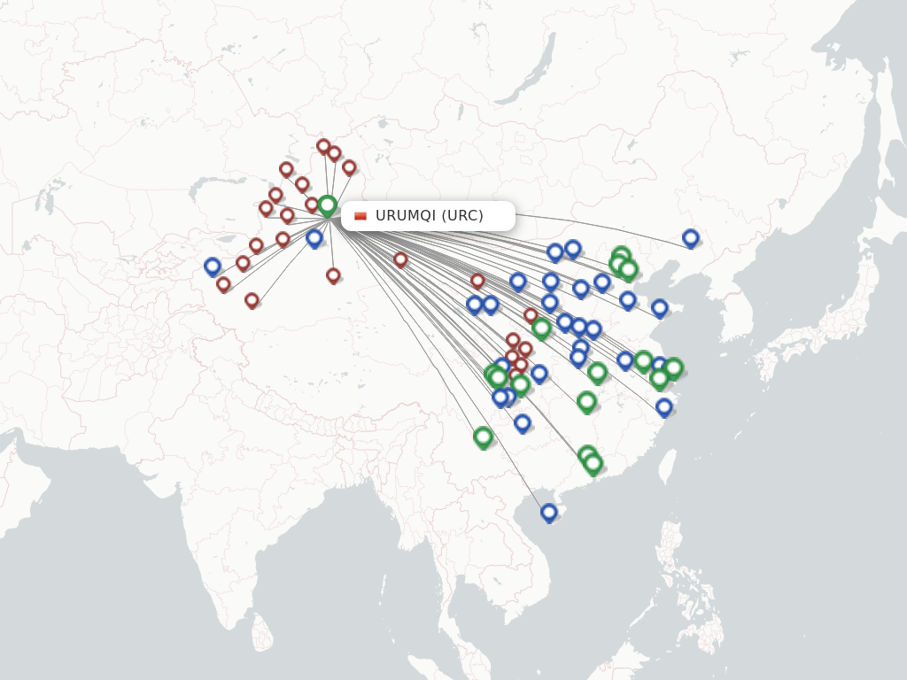 Flights from Urumqi to Haikou route map