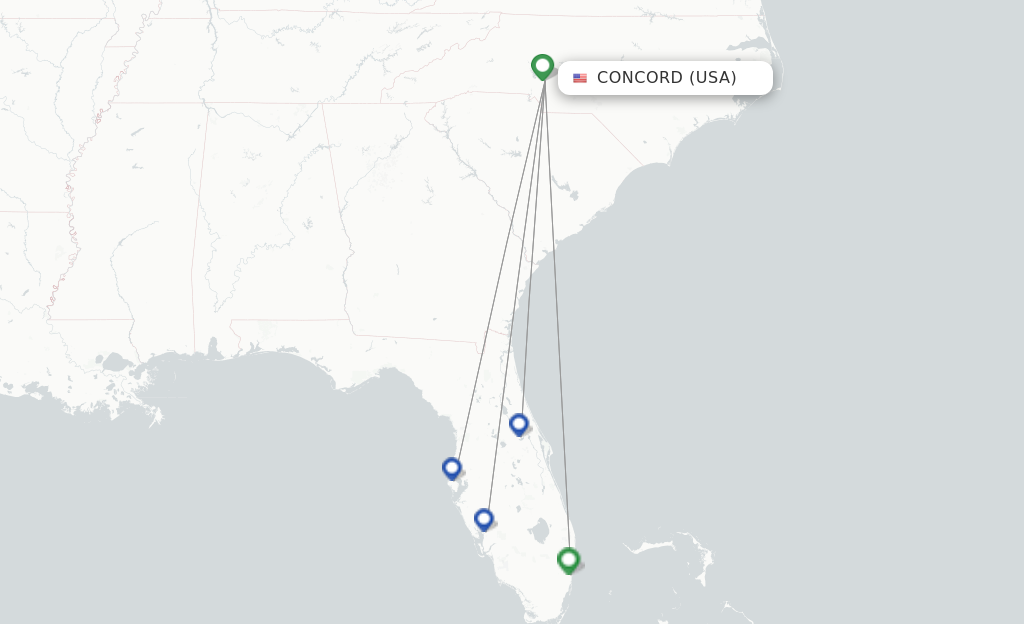 Route map with flights from Concord with Allegiant Air