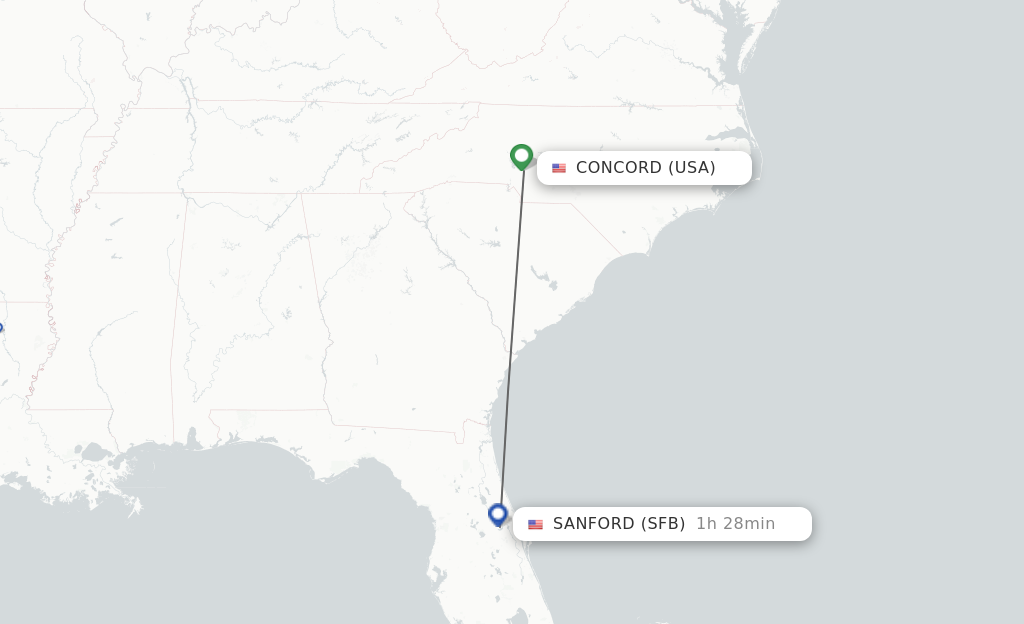 Flights from Concord to Orlando route map