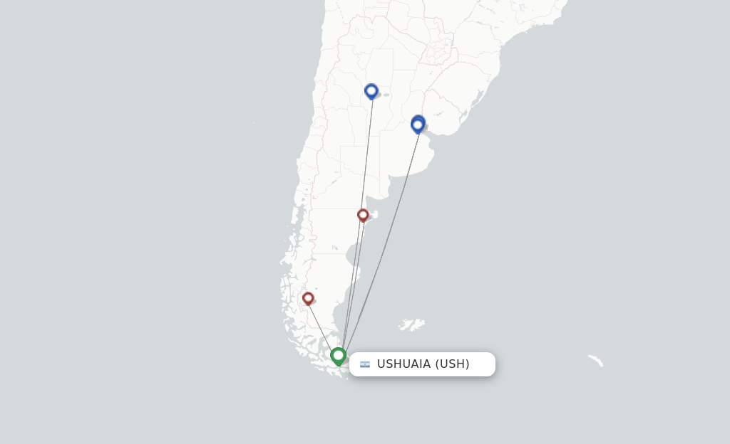 Route map with flights from Ushuaia with Aerolineas Argentinas