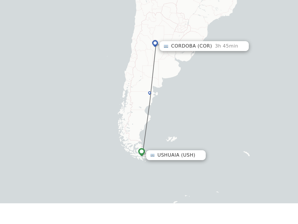 Flights from Ushuaia to Cordoba route map