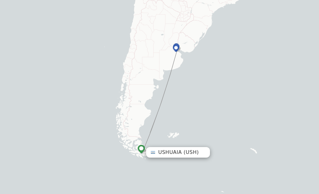 Route map with flights from Ushuaia with Jetsmart Airlines