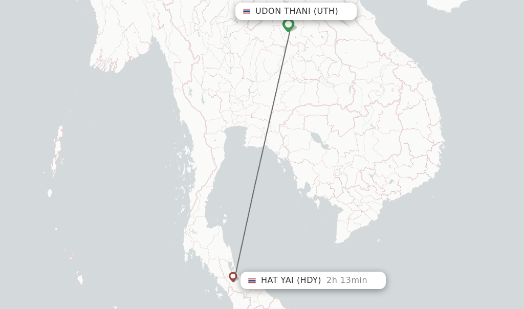 Flights from Udon Thani to Hat Yai route map