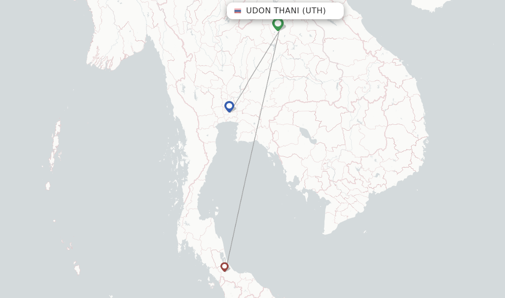 Route map with flights from Udon Thani with Thai Lion Air