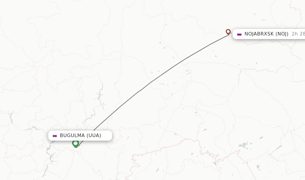 Flights from Bugulma to Nojabrxsk route map