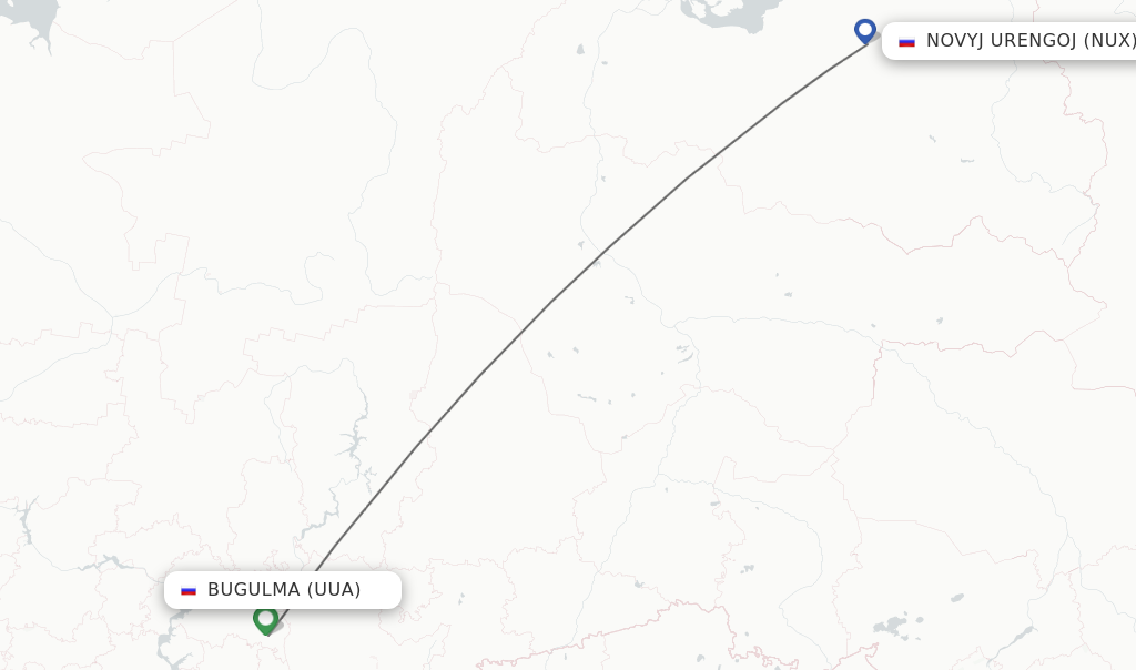 Flights from Bugulma to Novyj Urengoj route map