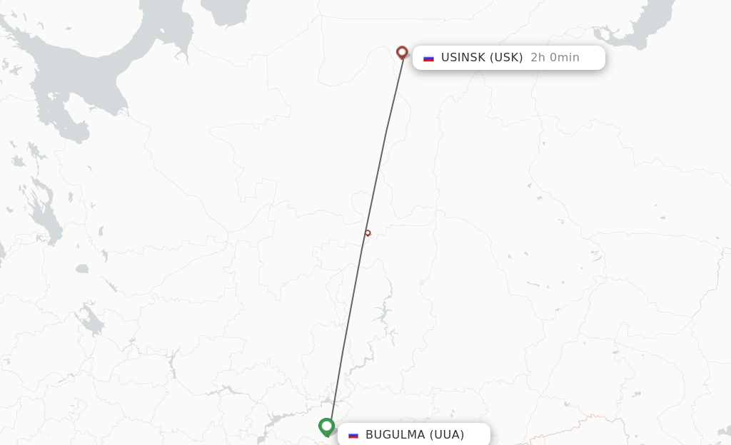 Flights from Bugulma to Usinsk route map