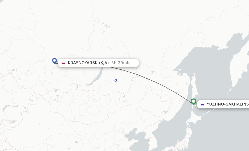 Flights from Yuzhno-Sakhalinsk to Krasnojarsk route map