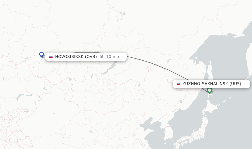 Flights from Yuzhno-Sakhalinsk to Novosibirsk route map