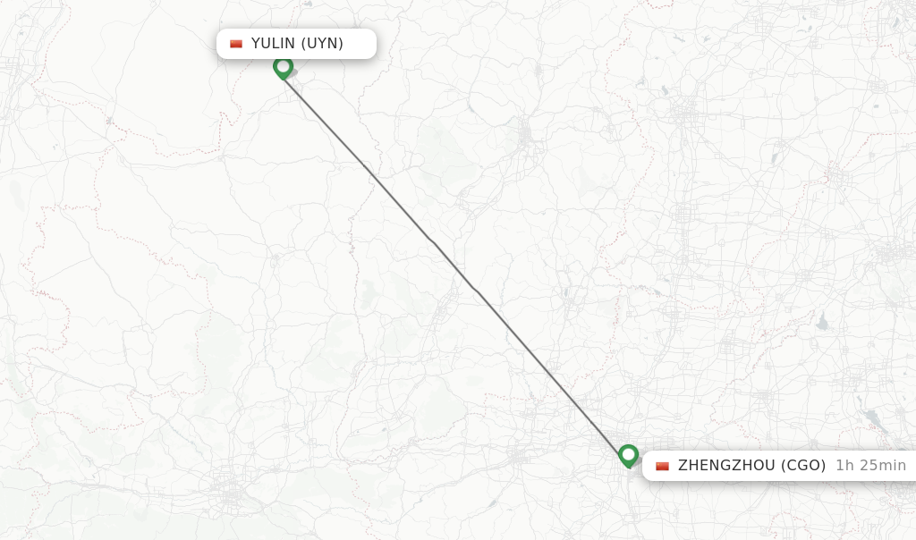 Flights from Yulin to Zhengzhou route map