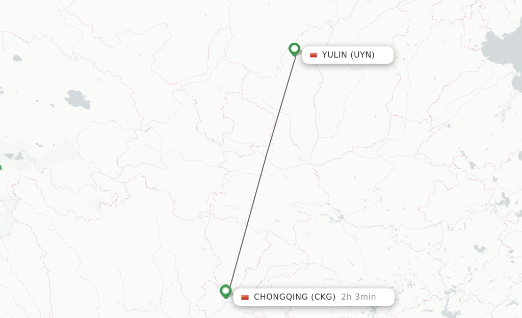Flights from Yulin to Chongqing route map