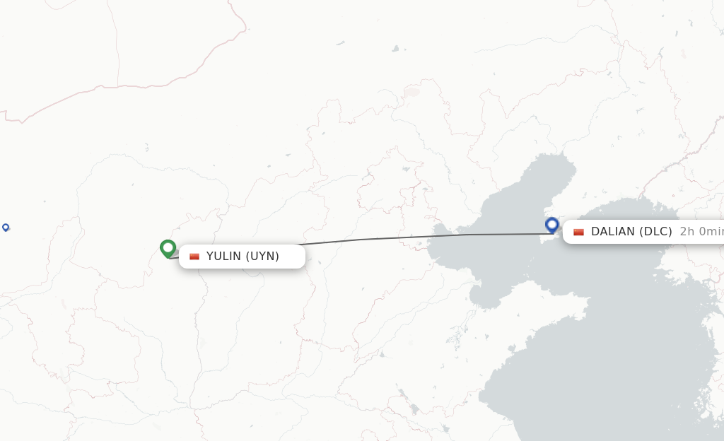 Flights from Yulin to Dalian route map