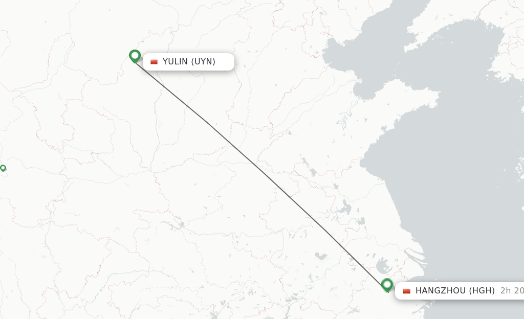 Flights from Yulin to Hangzhou route map