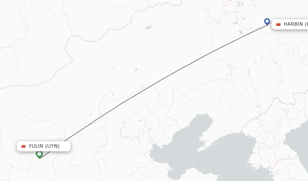 Flights from Yulin to Harbin route map