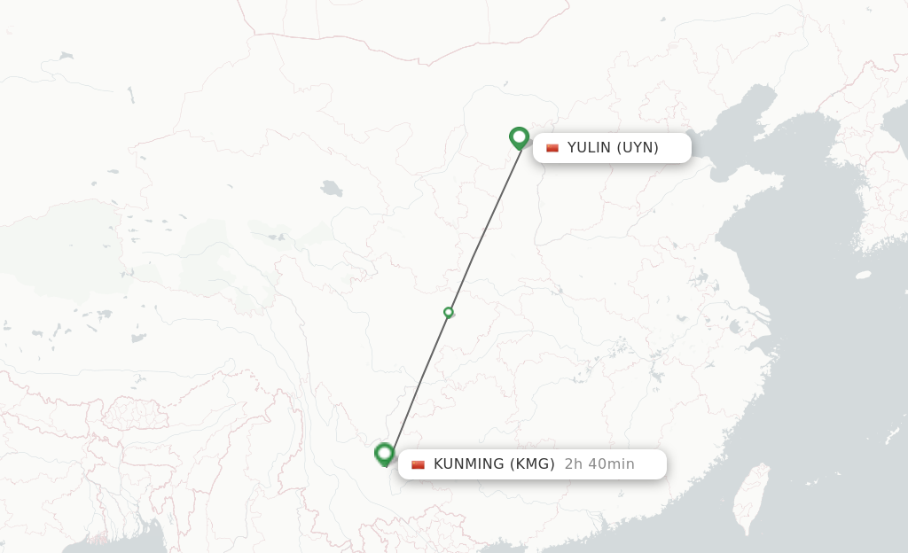 Flights from Yulin to Kunming route map