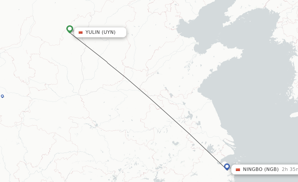 Flights from Yulin to Ningbo route map