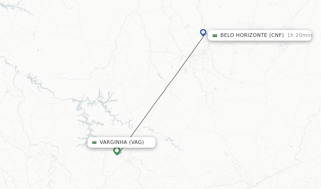 Flights from Varginha to Belo Horizonte route map
