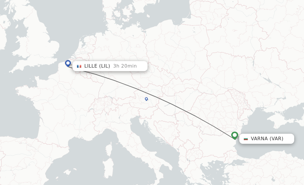 Flights from Varna to Lille route map