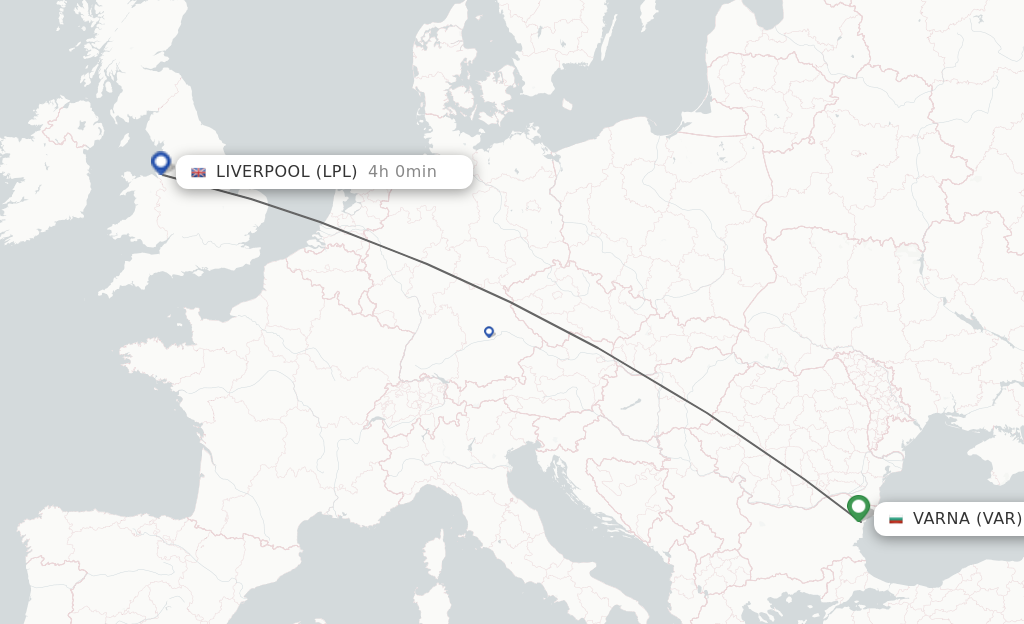Flights from Varna to Liverpool route map