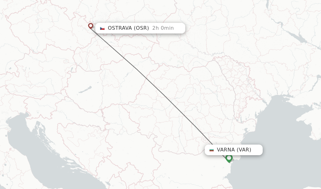 Flights from Varna to Ostrava route map