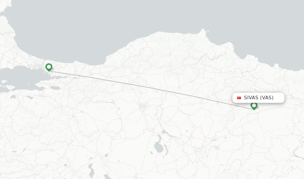 Route map with flights from Sivas with Pegasus