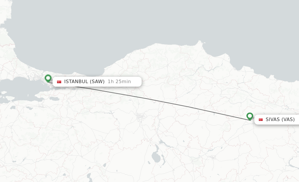 Flights from Sivas to Istanbul route map