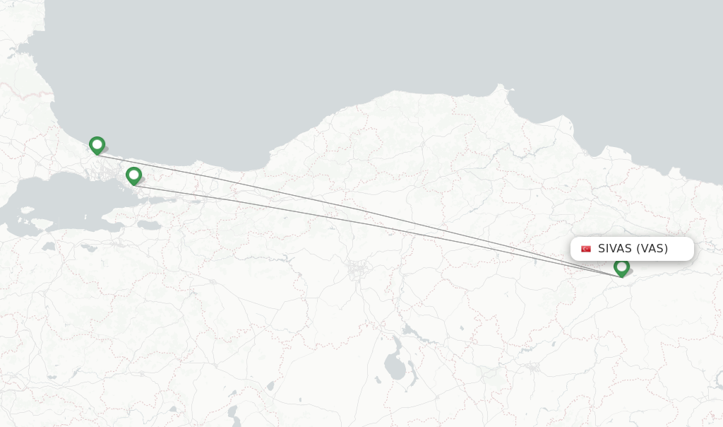 Route map with flights from Sivas with Turkish Airlines