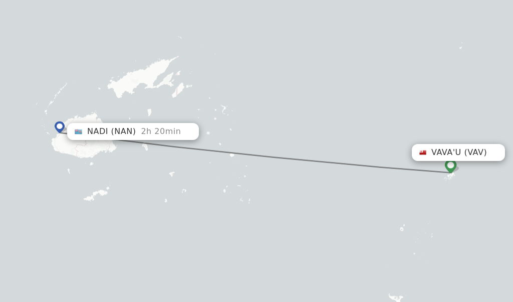 Flights from Vava'u to Nadi route map