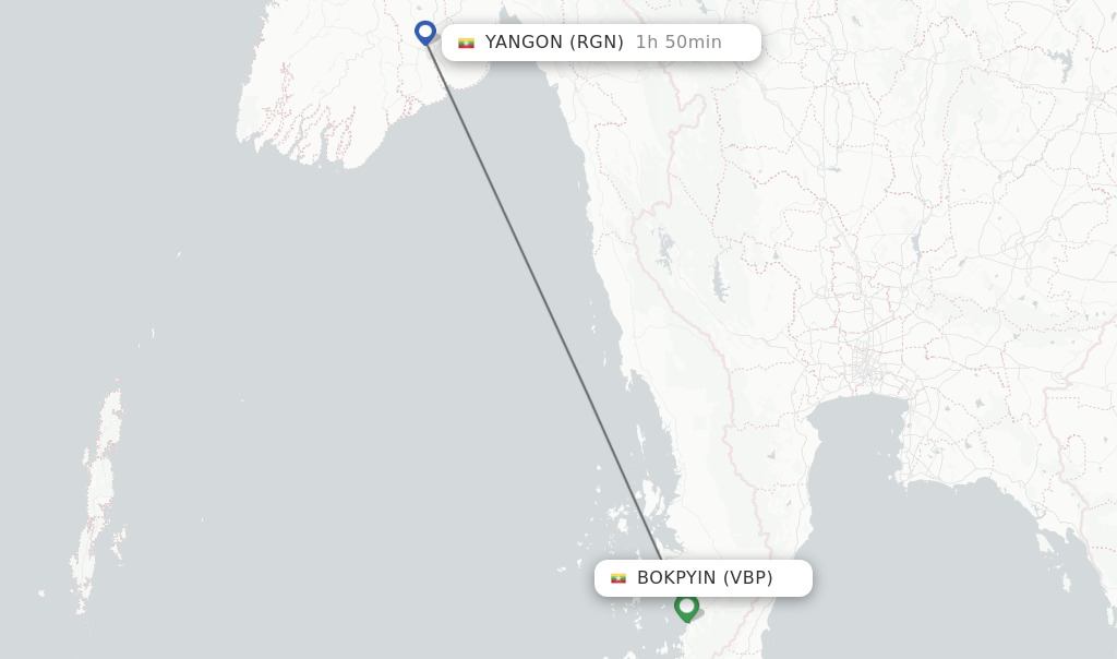 Flights from Bokpyin to Yangon route map