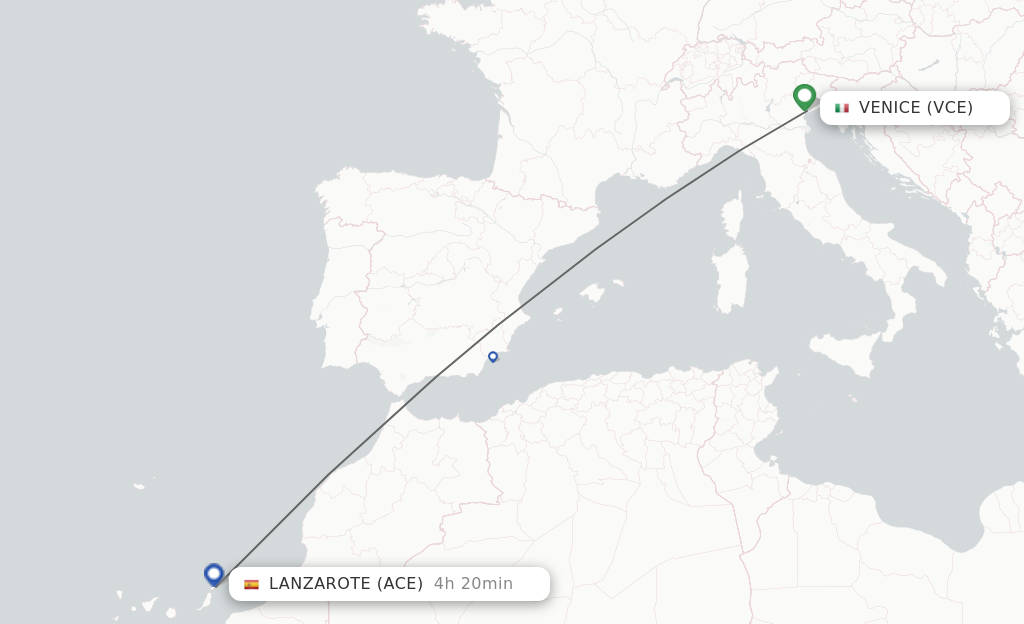 Flights from Venice to Lanzarote route map
