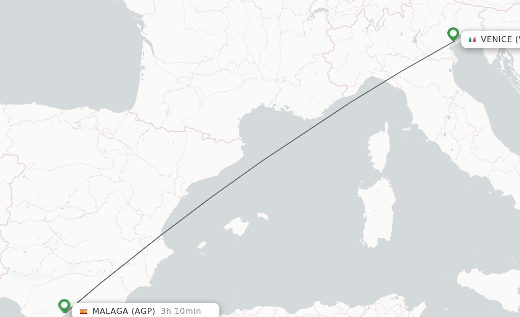 Flights from Venice to Malaga route map