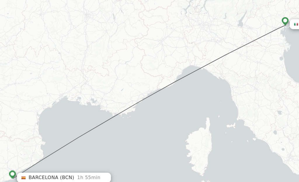 Flights from Venice to Barcelona route map