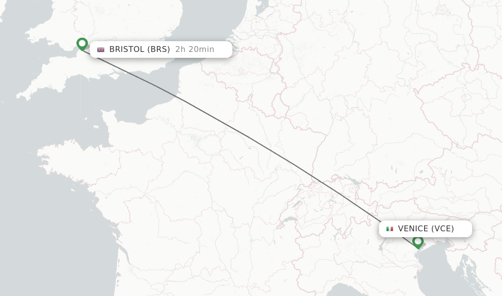Flights from Venice to Bristol route map