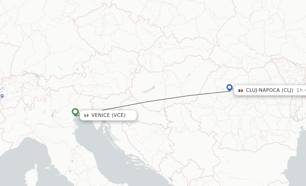Flights from Venice to Cluj-Napoca route map