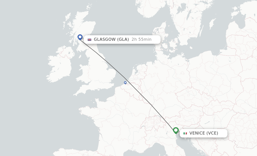 Flights from Venice to Glasgow route map