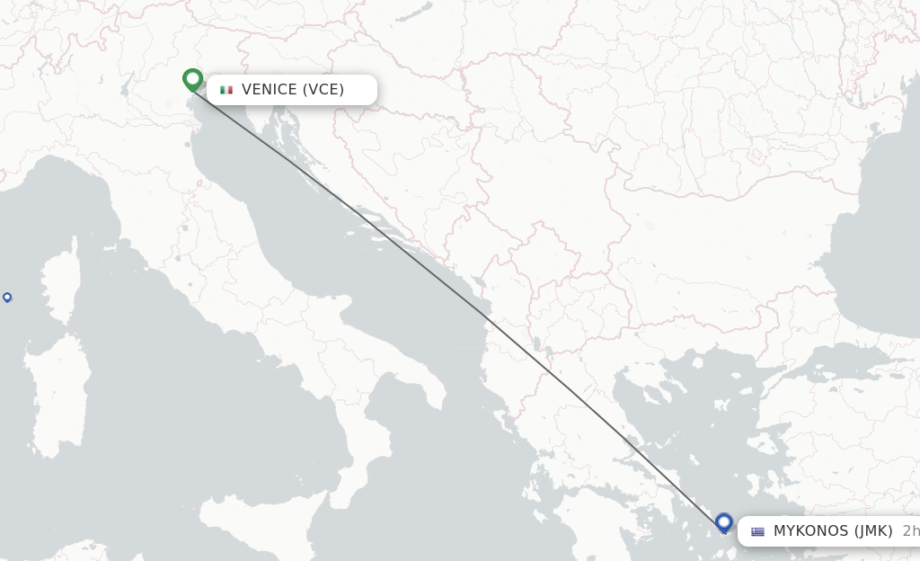 Flights from Venice to Mykonos route map