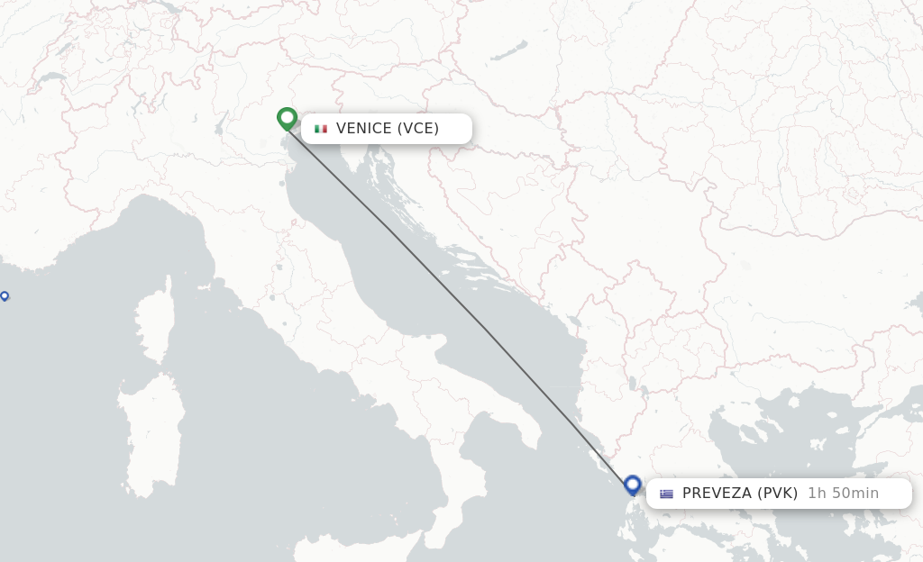 Flights from Venice to Preveza route map