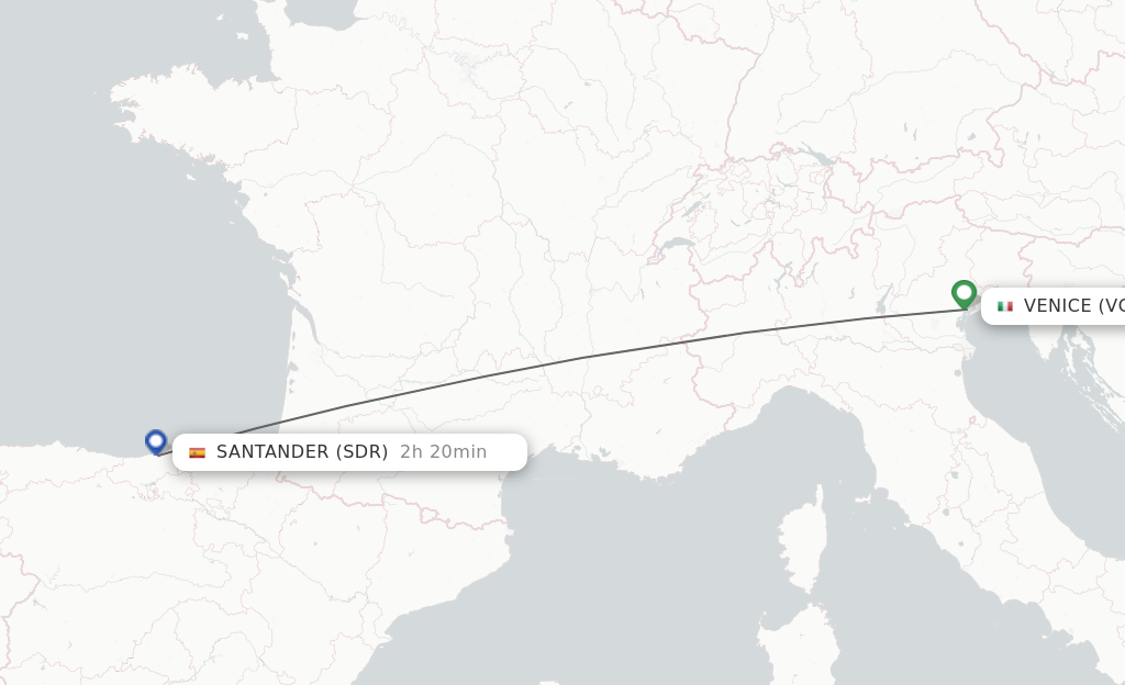Flights from Venice to Santander route map