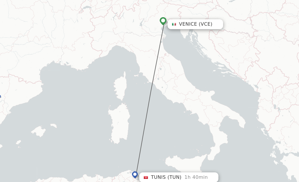 Flights from Venice to Tunis route map