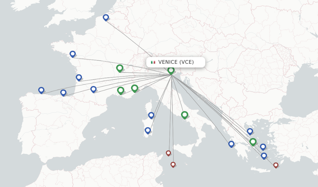 Route map with flights from Venice with Volotea