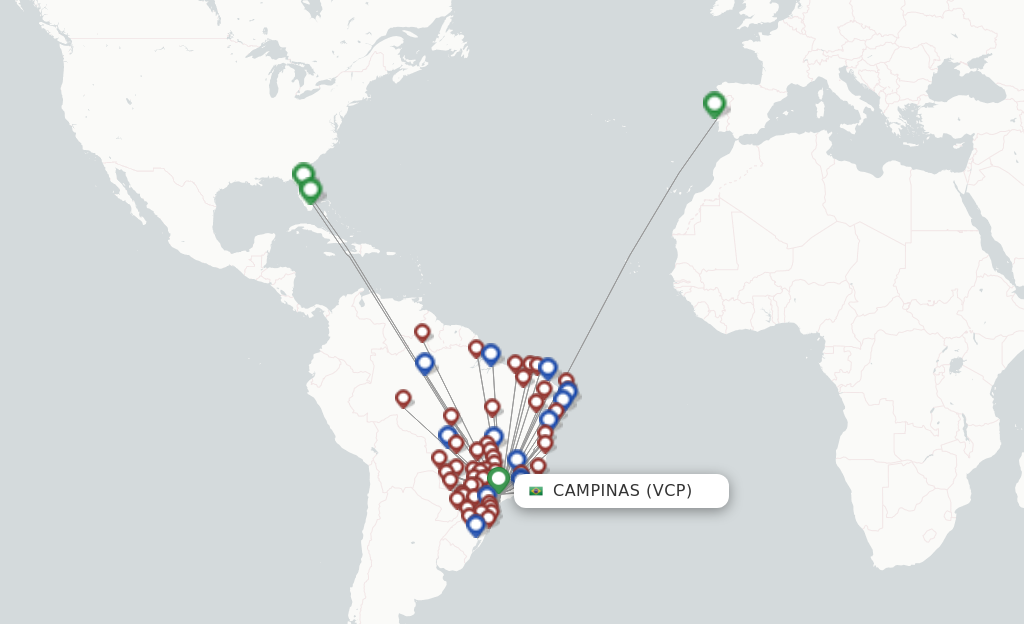 Route map with flights from Campinas with Azul