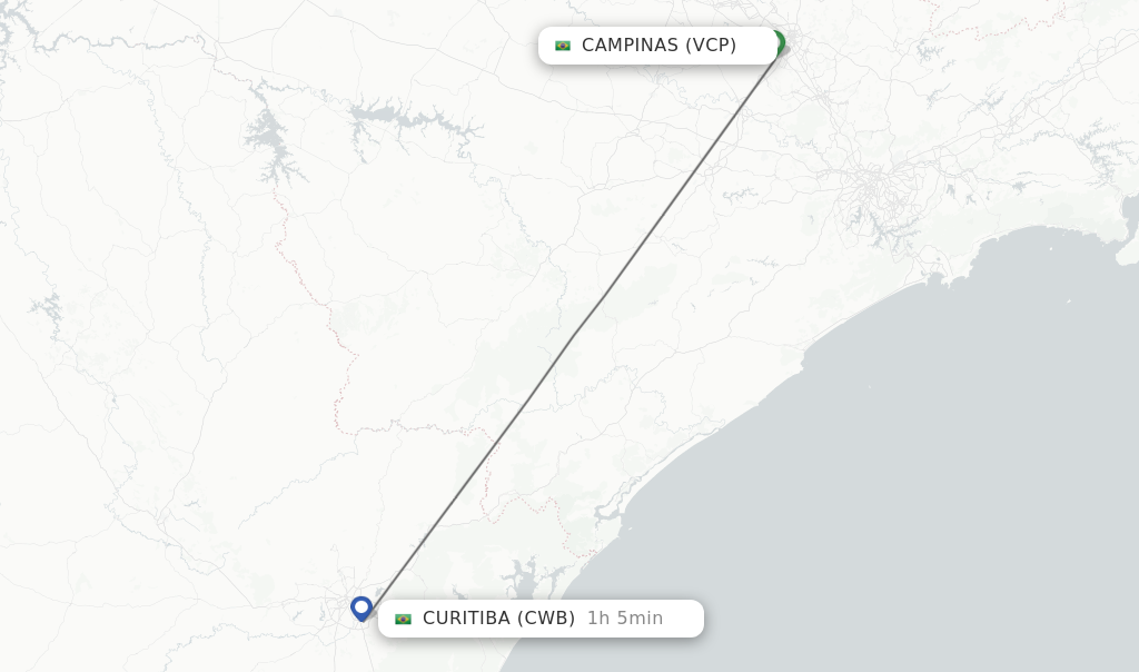 Flights from Campinas to Curitiba route map