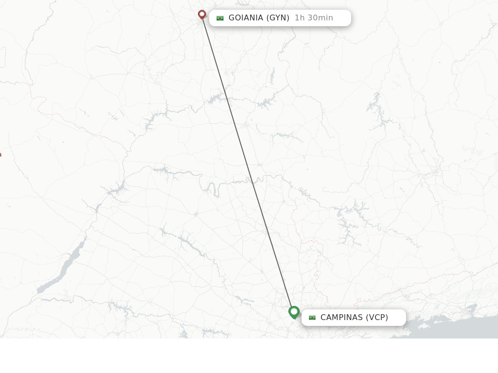Flights from Campinas to Goiania route map