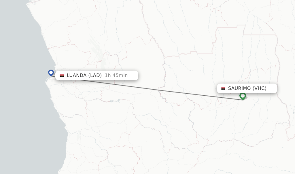 Flights from Saurimo to Luanda route map