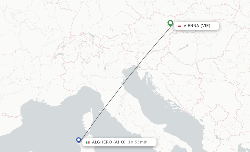Flights from Vienna to Alghero route map