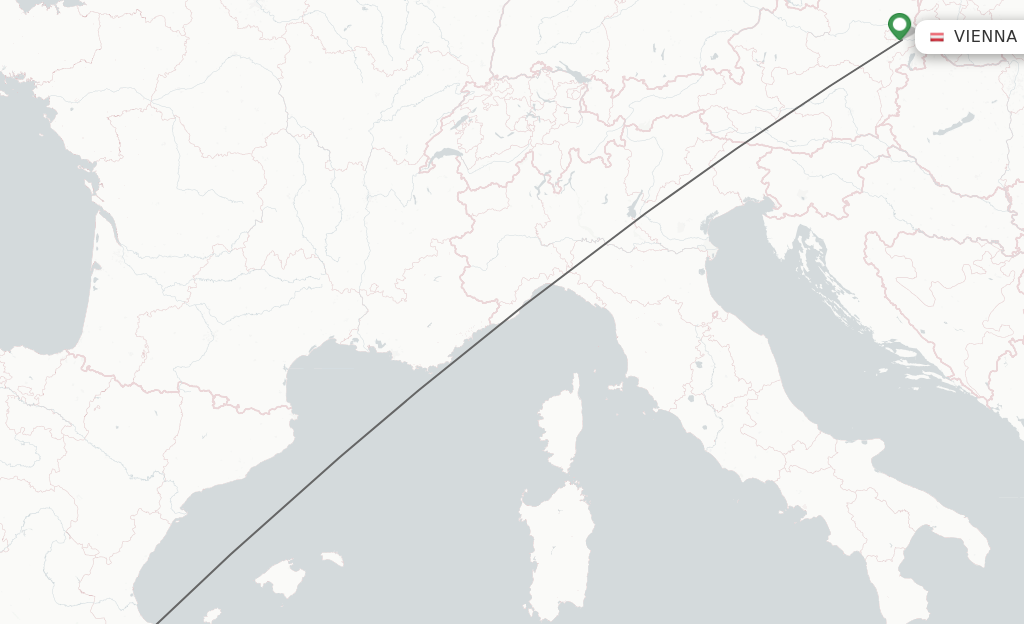 Flights from Vienna to Alicante route map