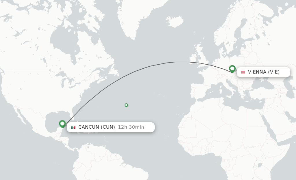 Flights from Vienna to Cancun route map
