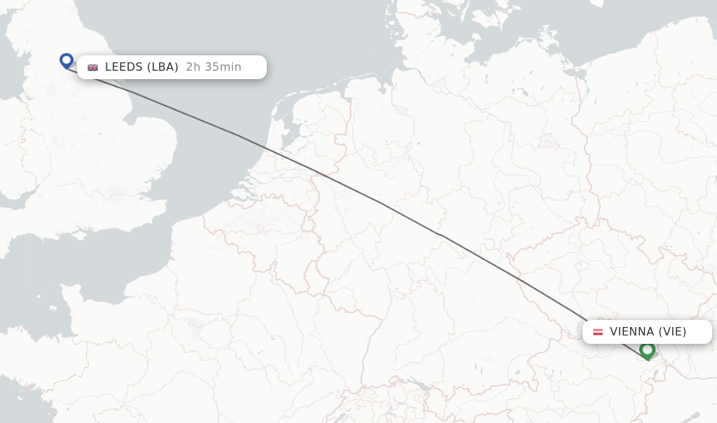 Flights from Vienna to Leeds route map