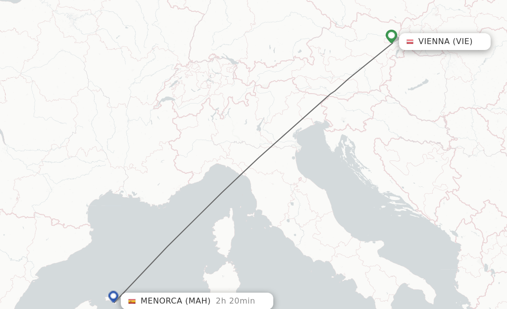 Flights from Vienna to Menorca route map