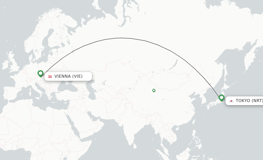 Flights from Vienna to Tokyo route map
